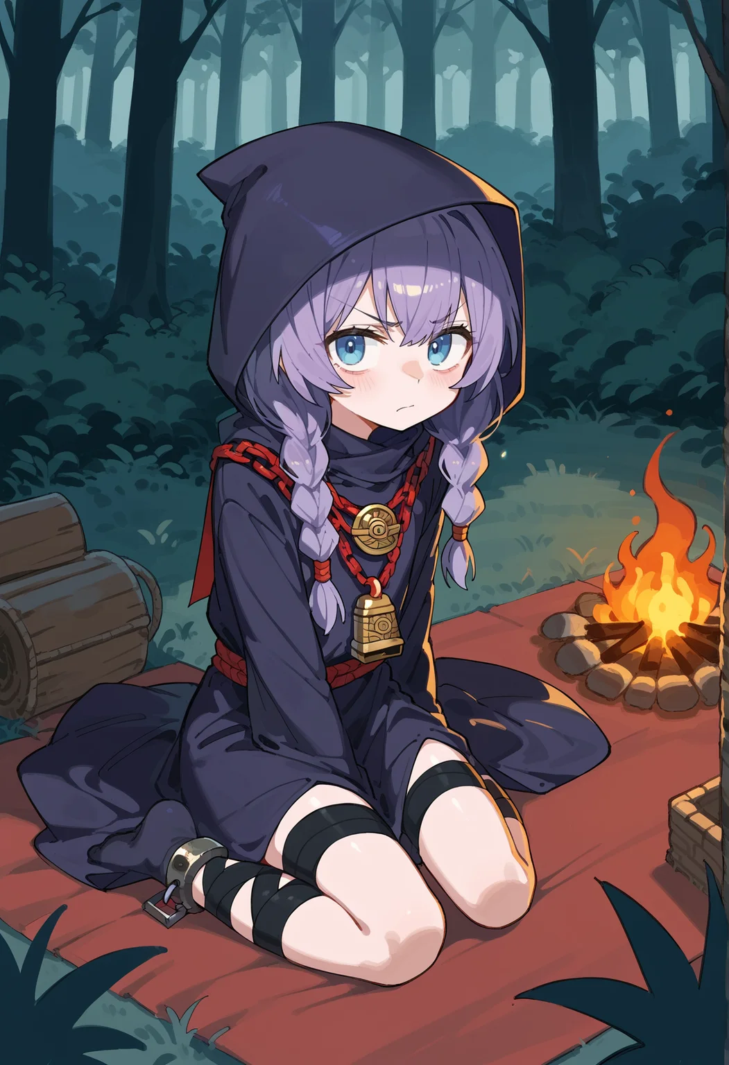 1girl, pale skin, purple hair, blue eyes, low twin braids, cloak, hood, hood up, medallion, chain, bell, shackles, bandages, black bandages, sitting, outdoors, forest, looking at viewer, disgust, campfire, from above <lora:Curse_Maker_Etrian:1>, score_9, score_8_up, score_7_up, score_6_up, score_5_up, score_4_up, BREAK source_anime, masterpiece