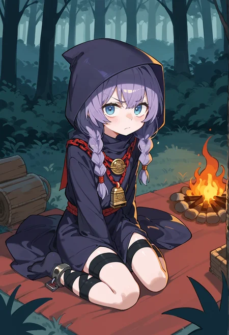 1girl, pale skin, purple hair, blue eyes, low twin braids, cloak, hood, hood up, medallion, chain, bell, shackles, bandages, black bandages, sitting, outdoors, forest, looking at viewer, disgust, campfire, from above <lora:Curse_Maker_Etrian:1>, score_9, score_8_up, score_7_up, score_6_up, score_5_up, score_4_up, BREAK source_anime, masterpiece