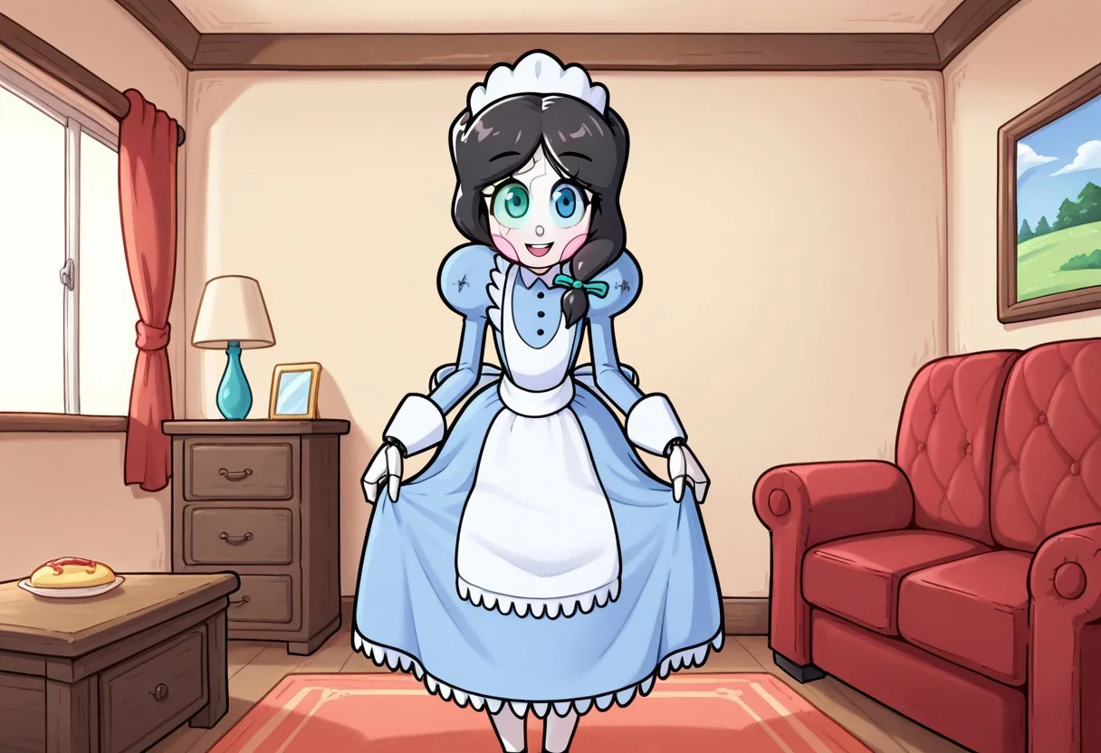 LLTND, 1girl, solo, luluthenandroid, heterochromia, crackscar, black hair, maid uniform, maid headdress, puffy sleeves, Juliet sleeves, blue eye, green eye, nancheeks, robot, nandroid, robot joints, android, wide hips, smile, open mouth, indoors, living room, looking at viewer, thick legs, standing, Curtsey, long skirt, bowing,
