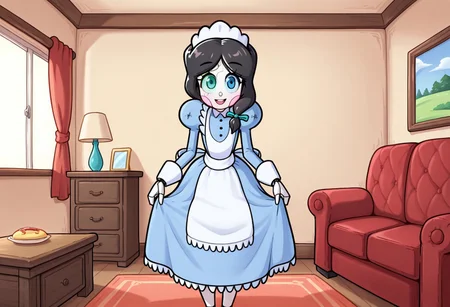 LLTND, 1girl, solo, luluthenandroid, heterochromia, crackscar, black hair, maid uniform, maid headdress, puffy sleeves, Juliet sleeves, blue eye, green eye, nancheeks, robot, nandroid, robot joints, android, wide hips, smile, open mouth, indoors, living room, looking at viewer, thick legs, standing, Curtsey, long skirt, bowing,