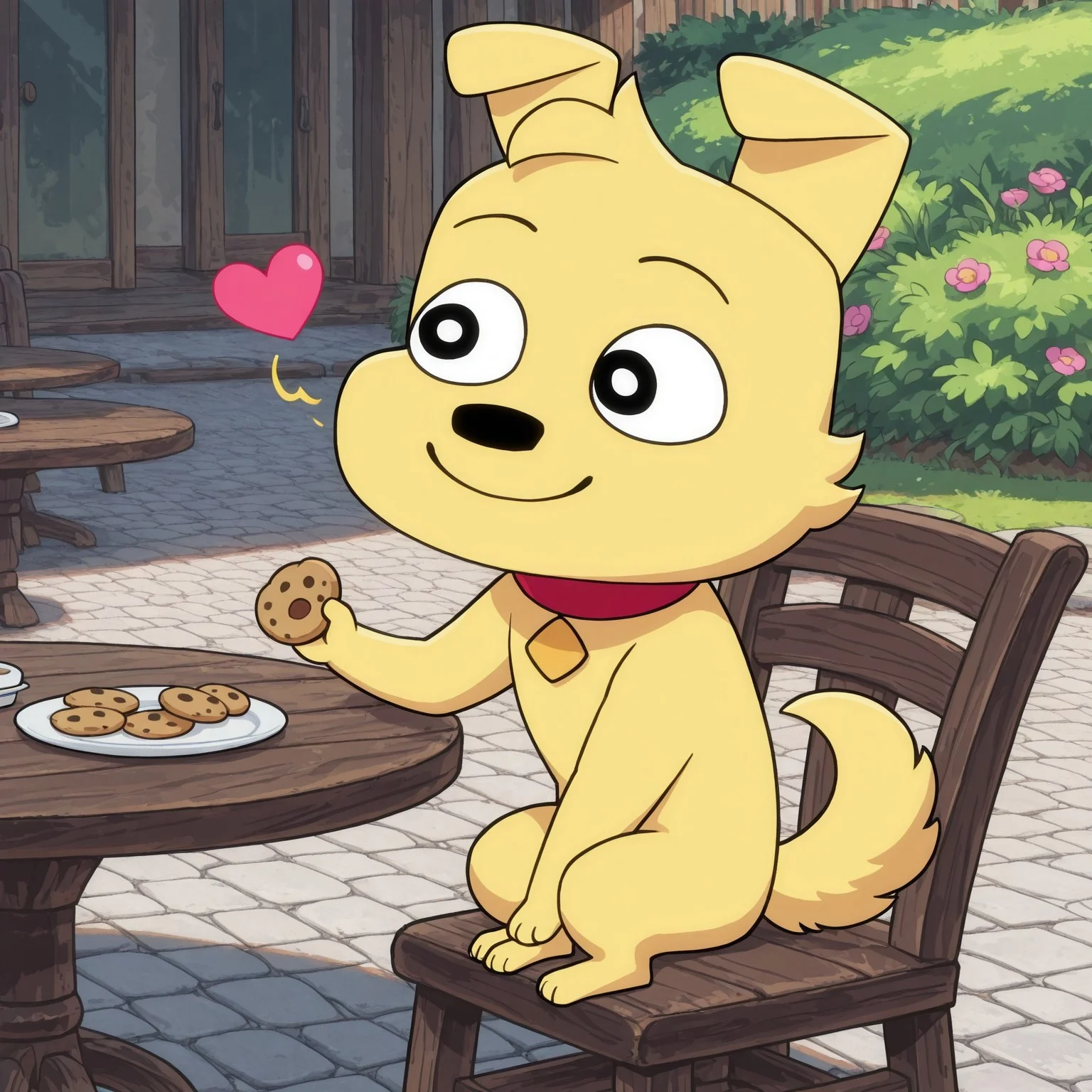 1boy, 2d, solo, Benny, male, anthro, dog, red collar, black eyes, black nose, yellow fur, face tuft, tail,
BREAK smile, holding cookie, looking at cookie, hearts, sitting on chair, table, outside, flowers, happy, sunny day,
BREAK best quality, amazing quality, very aesthetic, absurdres, newest, masterpiece, high quality, highres