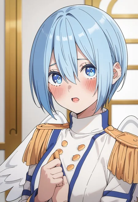 score_9, score_8_up, score_7_up, source_anime, nonoa, blue hair, blue eyes, short hair, solo, wings, epaulettes, open mouth, blush, hair between eyes, angel wings, looking at viewer, 1girl, feathered wings, indoors, angel, white wings, upper body