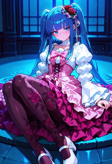 cinematic, (masterpiece), (best quality), (ultra-detailed), very aesthetic, illustration, perfect composition, ultra detailed face, detailed eyes, beautiful eyes, beautiful,748cmstyle, gbf_style, light on body BREAK very awa,masterpiece,amazing quality,very aesthetic, absurdres,newest,highres, elegance, ethereal, depth of field,cold atomsphere, warm light style,furudo erika,long hair,twintails,blue hair,blue eyes, rose,hair flower,hair ribbon,pink dress,corset,pink bow,frills,wide sleeves,puffy sleeves,lace choker,floral print pantyhose,white shoes, black pantyhose