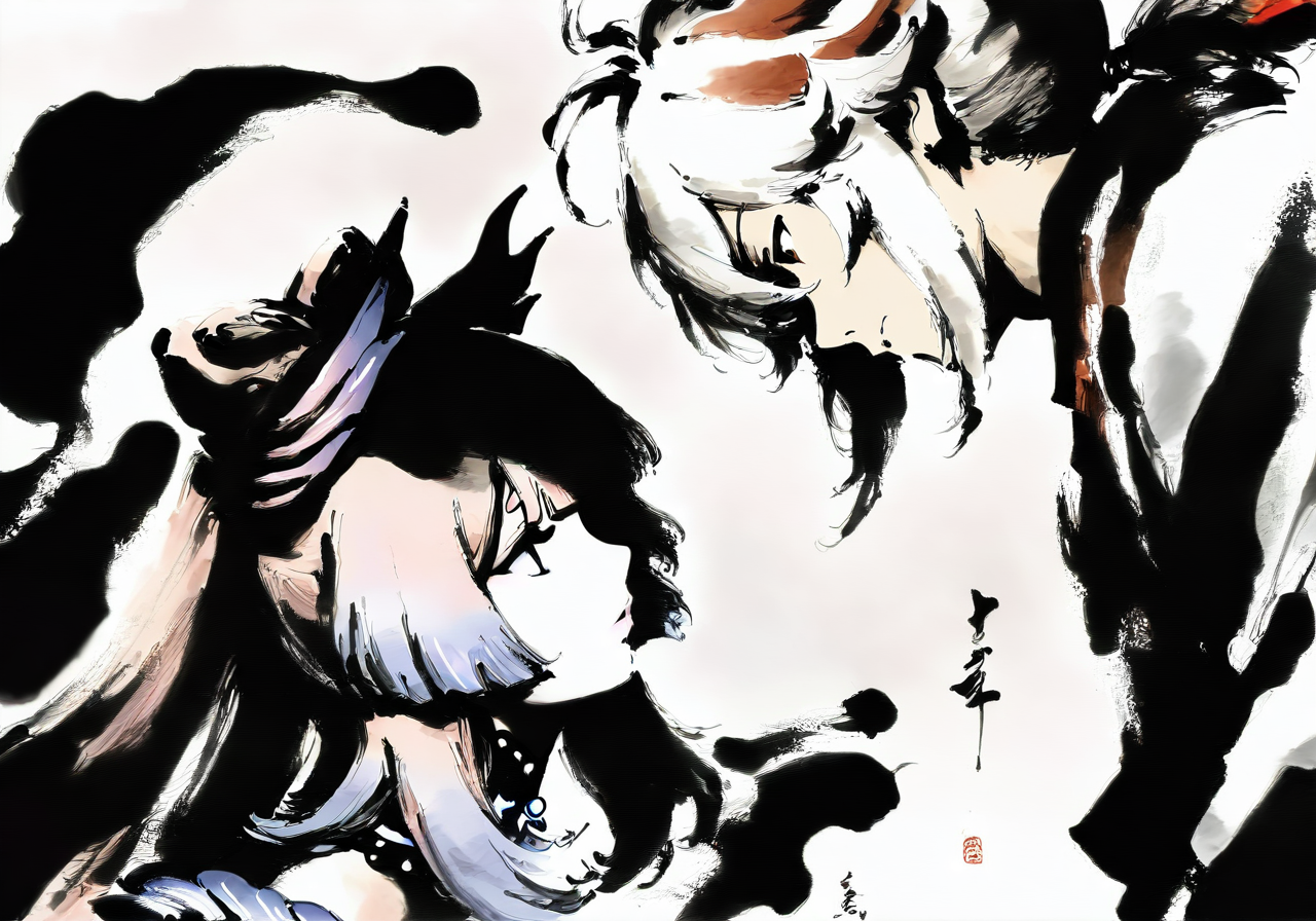 masterpiece,best quality,<lora:yi-noob:1>,ink wash painting,
1boy,1girl,kaedehara kazuha,sangonomiya kokomi,white hair,purple hair,hair ornament,1boy and 1girl,looking at another,upper body,face,white background, simple background,