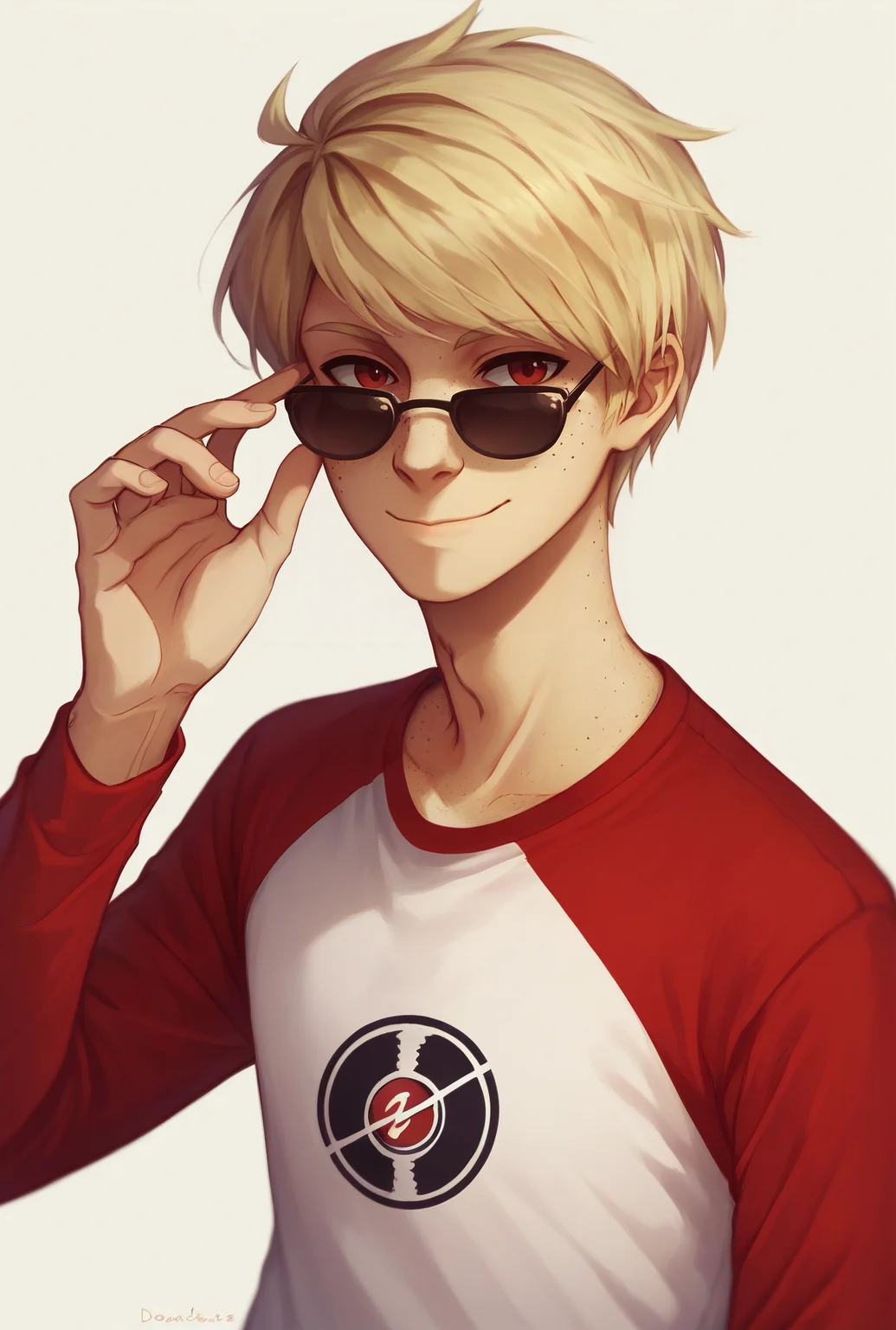 , score_9, score_8_up, score_7_up, masterpiece, , line art, portrait, anime,, detailed, <lora:Expressive_H:0.45> Expressiveh, closed mouth, smile, adjusting eyewear, , <lora:Dave_Strider:0.8>, dave strider, blonde hair, sunglasses, freckles, male, 1boy, raglan sleeves, shirt, red eyes,