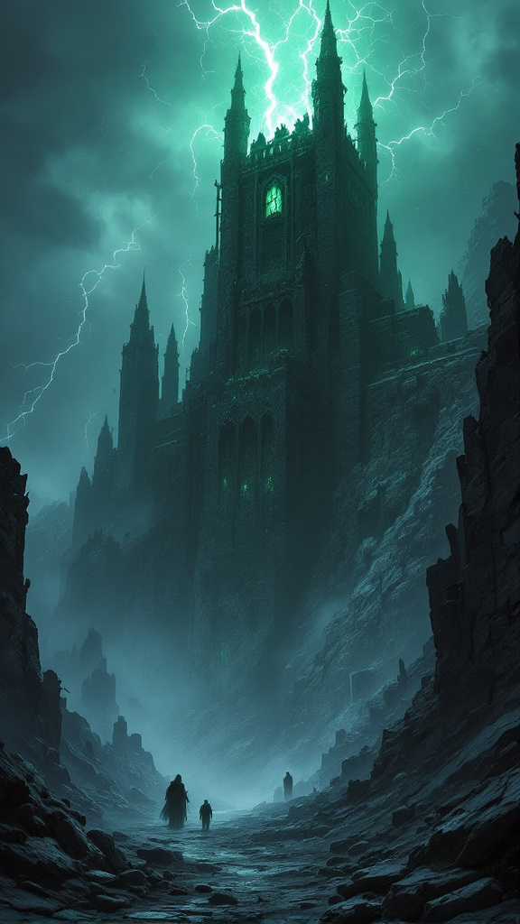 A towering, pitch-black fortress looms in the distance, perched on the edge of a broken, ashen world. Lightning strikes the sky in jagged flashes, illuminating monstrous figures guarding the tower’s entrance. At the top of the tower, a window glows with a sickly green light, where a powerful sorcerer performs a dark ritual. The landscape is filled with jagged rocks, crumbling ruins, and swirling mist, while unnatural sounds echo through the air—whispers, screams, and growls from forgotten horrors