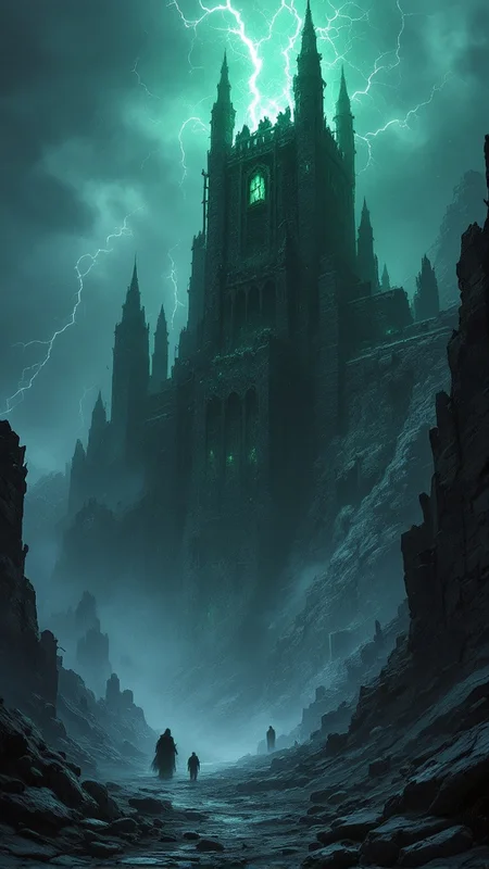 A towering, pitch-black fortress looms in the distance, perched on the edge of a broken, ashen world. Lightning strikes the sky in jagged flashes, illuminating monstrous figures guarding the tower’s entrance. At the top of the tower, a window glows with a sickly green light, where a powerful sorcerer performs a dark ritual. The landscape is filled with jagged rocks, crumbling ruins, and swirling mist, while unnatural sounds echo through the air—whispers, screams, and growls from forgotten horrors