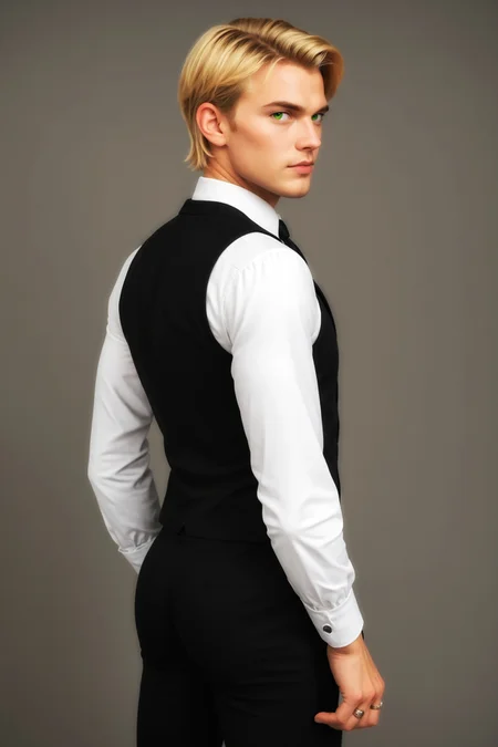 score_9, score_8_up, score_7_up, masterpiece, high quality, solo, 23 years old, imtdflixfathomgrahamdevanily, 1boy, male, blonde hair, vest, black vest, short hair, white collared shirt, necktie, green eyes, long sleeves, black pants, formal, ring, from behind, standing, ass, serious, seductive look, looking at viewer, toned body, looking back

