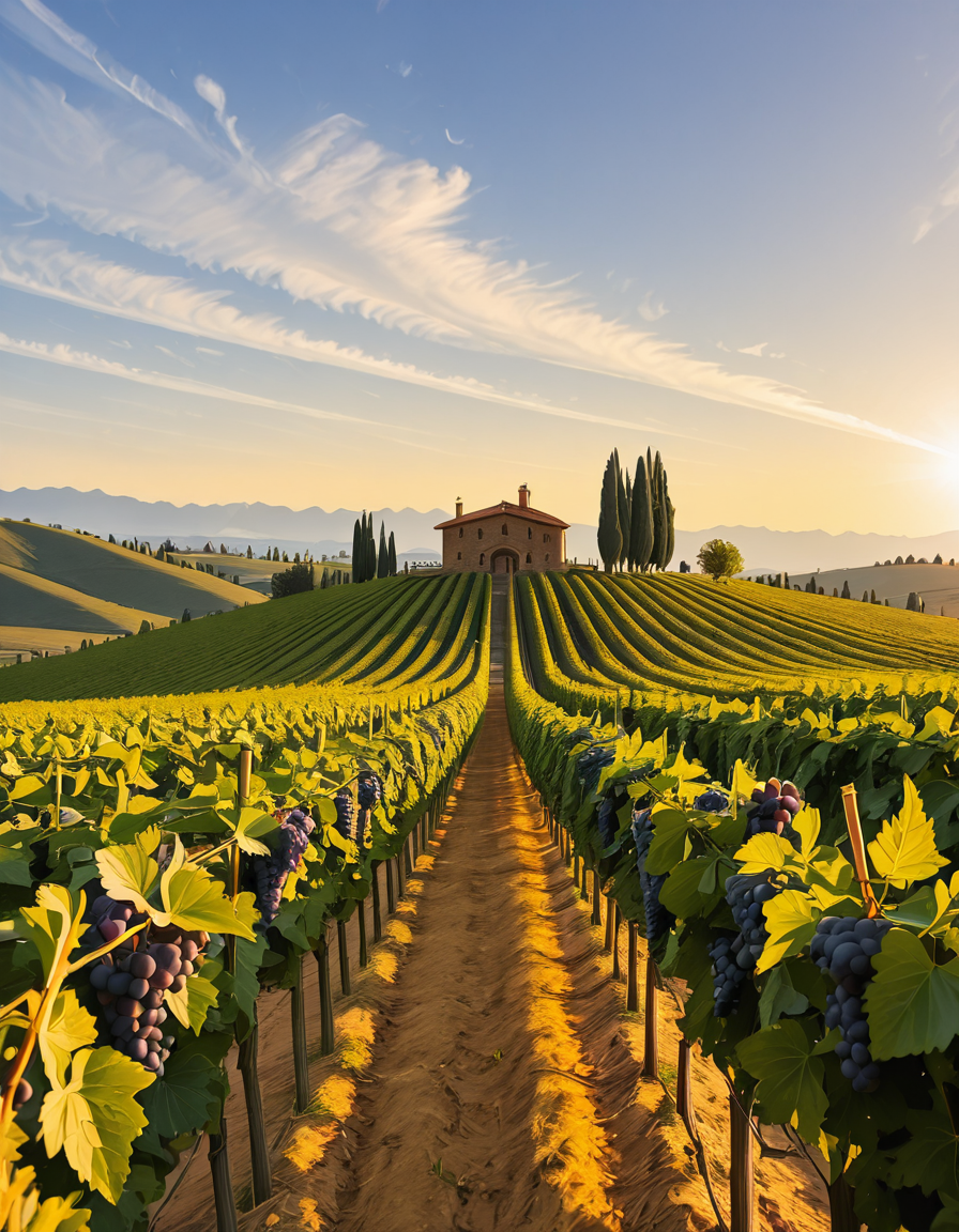 A breathtaking vineyard stretching across rolling hills, bathed in the warm golden light of late afternoon. The neatly aligned rows of grapevines are lush and vibrant, their deep green leaves contrasting with the rich, fertile soil beneath them. The vines are heavy with ripe, plump grapes in shades of deep purple and rich green, glistening under the sunlight. In the background, a rustic stone farmhouse with a terracotta roof sits atop a small hill, surrounded by tall cypress trees. A narrow dirt path winds through the vineyard, leading towards the farmhouse. The sky is a soft blue with wispy clouds scattered across the horizon. In the distance, a range of low mountains adds depth to the landscape. The atmosphere is peaceful and idyllic, evoking the charm of a traditional wine-growing region like Tuscany or Bordeaux. 
<lora:SDXLFaeTastic2400:0.4> <lora:extremely_detailed:0.4> extremely detailed
,v1n3y4rd <lora:v1n3y4rd-i:1>, Masterpiece,best quality,hi res,8k,hi res,8k,award winning,(sharp focus, intricate, highly detailed),