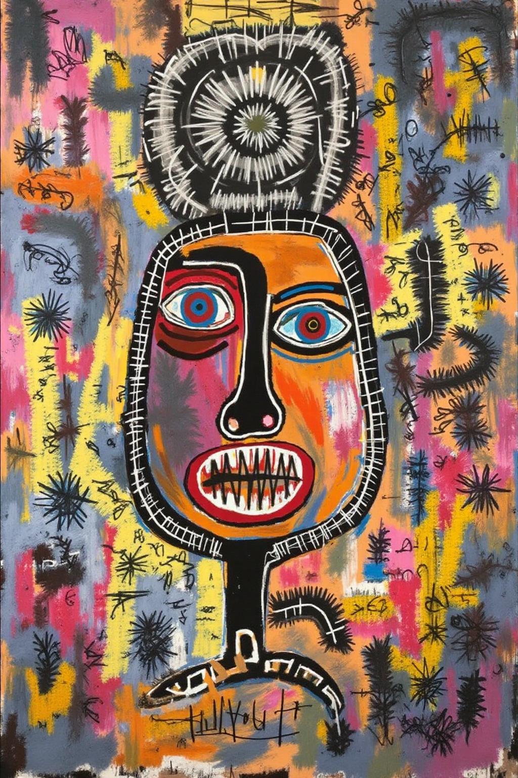 basquiat1 painting
A color painting featuring a face in the center with large, almond-shaped eyes in red, orange, and blue, and a wide black mouth with a zigzagging line.
 <lora:basquiat1_cap_d6a3e11:1.0><lora:835162021692544222:0>