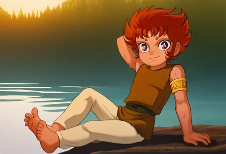 score_9, score_8_up, score_7_up, score_6_up, saintkiki, young, cute boy, male, spiky red-orange hair, large purple eyes, two purple markings on forehead, 1boy, solo, sleeveless tunic, black belt with buckle, golden arm bracelet, white pants, barefeet, beautiful eyes, expressive eyes, androgynous, beautiful face, wet clothes, , great lake background, aid291, smiling, sweet, petite, cute