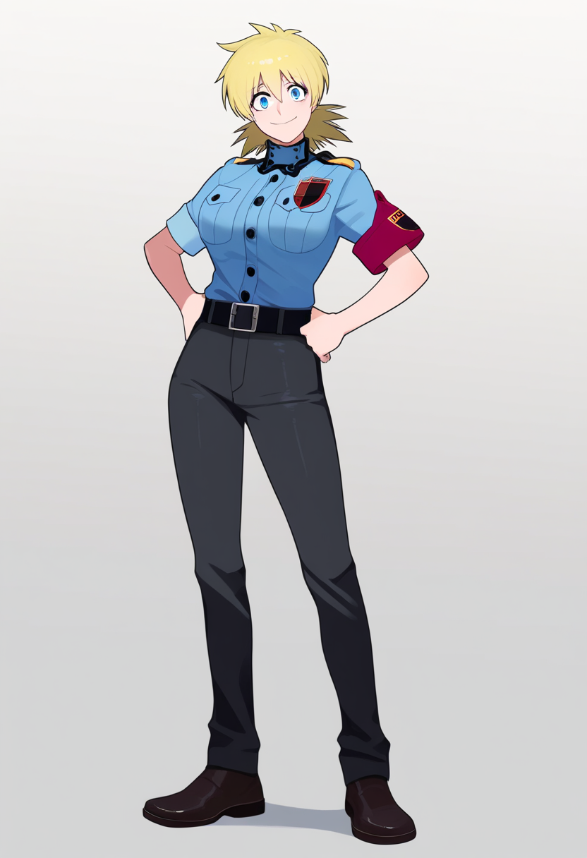 best quality, amazing quality, very aesthetic, absurdres,
BREAK
1girl, seras victoria, blonde hair, blue eyes,
police uniform, black pants, shoes,
standing, full body, hands on hips,
smile, looking at viewer, simple background, white background, <lora:SerasVictoriaNoobXL_byKonan:1>