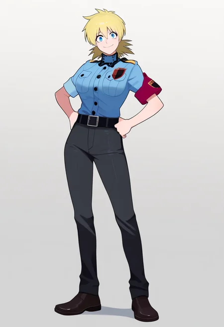 best quality, amazing quality, very aesthetic, absurdres,
BREAK
1girl, seras victoria, blonde hair, blue eyes,
police uniform, black pants, shoes,
standing, full body, hands on hips,
smile, looking at viewer, simple background, white background, <lora:SerasVictoriaNoobXL_byKonan:1>