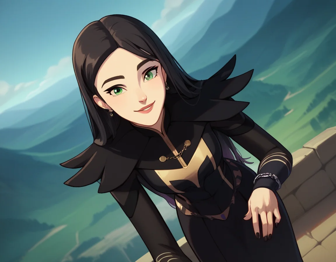 score_9, score_8_up, score_7_up, source_anime, <lora:dragon-prince-claudia-ponyxl-lora-nochekaiser:1>, claudia, long hair, black hair, green eyes, lips,, long sleeves, dress, jewelry, earrings, nail polish, black dress, black nails,, landscape, bent over, smile,, looking at viewer, solo, cowboy shot, dutch angle