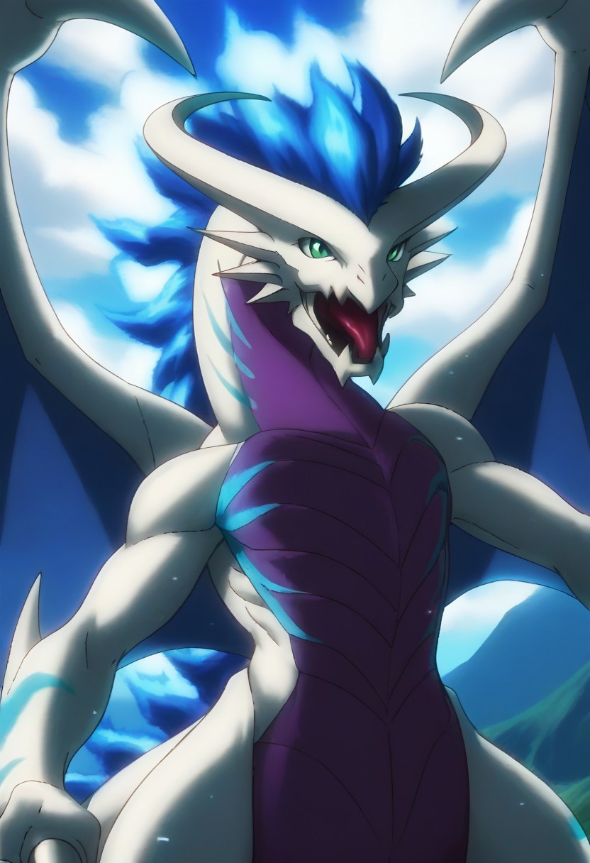 BREAK score_9, score_8_up, score_7_up, source_anime, lost luinor, green eyes, white western dragon, toothless and rostrum-style snout, blue flames running from head,