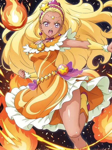 detailed background, shiny skin, posing,
<lora:curesoleil.pony:1.0>
curesoleil,
large breasts,
fire, flame, explosion, fire ball, kicking, leg up,