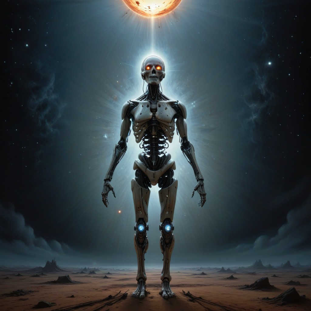 a painting that captures the essence of a poem: 
(star fields where machine souls rust under the last of Betelgeuse's light,  
it will go nova soon,
Veni, vidi, vici; 
When heaviest is the crown of the ghost of a god, will you come out to play; 
Use caution when dealing with the fallible tenets of aegis' rimwalkers; 
Cyborg religious sects turned loose with the coming of the new dawn, 
their prophecies hastily carved into silicon;
Do not despair o' voidwalker, for what happens in the dark is destined to come to light, both now and forever more...), 
Andrei Tarkovsky Style page,detailxl,