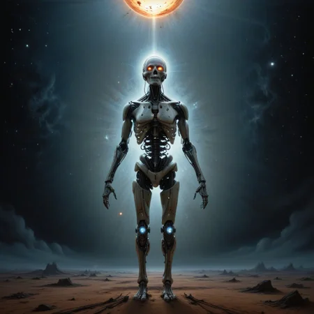 a painting that captures the essence of a poem:
(star fields where machine souls rust under the last of Betelgeuse's light,
it will go nova soon,
Veni, vidi, vici;
When heaviest is the crown of the ghost of a god, will you come out to play;
Use caution when dealing with the fallible tenets of aegis' rimwalkers;
Cyborg religious sects turned loose with the coming of the new dawn,
their prophecies hastily carved into silicon;
Do not despair o' voidwalker, for what happens in the dark is destined to come to light, both now and forever more...),
Andrei Tarkovsky Style page,detailxl,