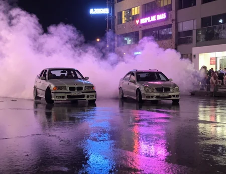 s2ms8ng. BMW E39 and Mercedes C-class drifting in tandem on a rain-slicked asphalt road at night, thick white smoke billowing from the tires, neon signs reflecting off the wet pavement creating vibrant streaks of light, dynamic low-angle perspective capturing the cars' aggressive stance