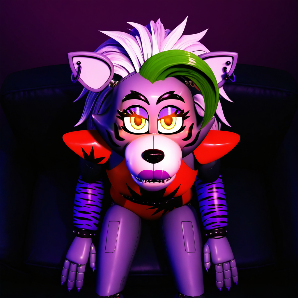 ((feminine)), feminine, masterpiece, best quality, newest, absurdres, roxanne wolf, animatronic, animatronic arms, animatronic hands, silver hair, green bang, red croptop, studded collar, earring, purple tigerprint arm warmers, studded piercing, black-star pattern on clothes, purple eyelids, studded wristband, red hotpants, red shoulderpads, sitting, face down, looking up at viewer, sofa, glowing eyes, ((animatronic head)), from above, fangs,
BREAK 
purple background, neon, dark background, dynamic background,  <lora:Roxanne_wolf_Noob:1>