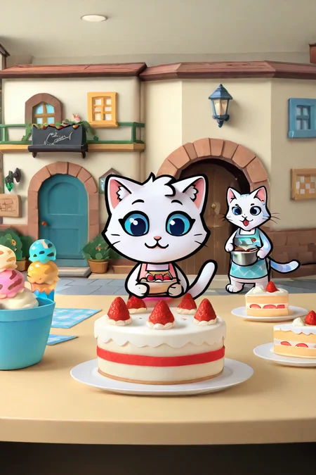 (((stkrstar:1))), highres, high quality, cat, white fur, cooking apron, cake, baking cake, town, indoors, cuty, adorable, ice-cream