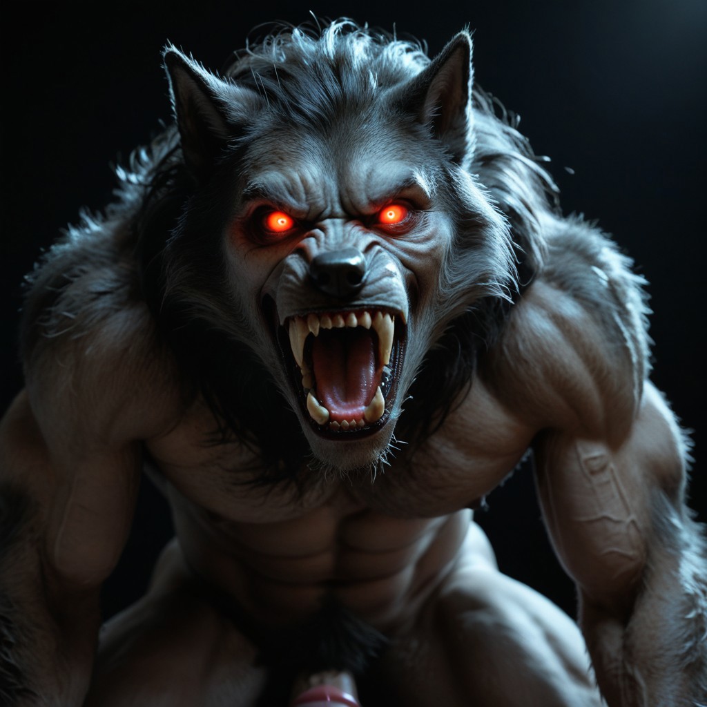 horror movie, still ,werewolf ,photo ,score_9_up ,score_8_up, score_7_up, action scene ,movie still ,no humans ,open mouth teeth, wolf looking at viewer realistic glowing solo glowing eyes black background horror (theme) animal focus animal sharp teeth white eyes fangs realistic nsfw muscular male muscular penis large pectorals male focus abs nipples pectorals bara best quality masterpiece 4k uncensored prefect lighting rating_explicit horror very aesthetic