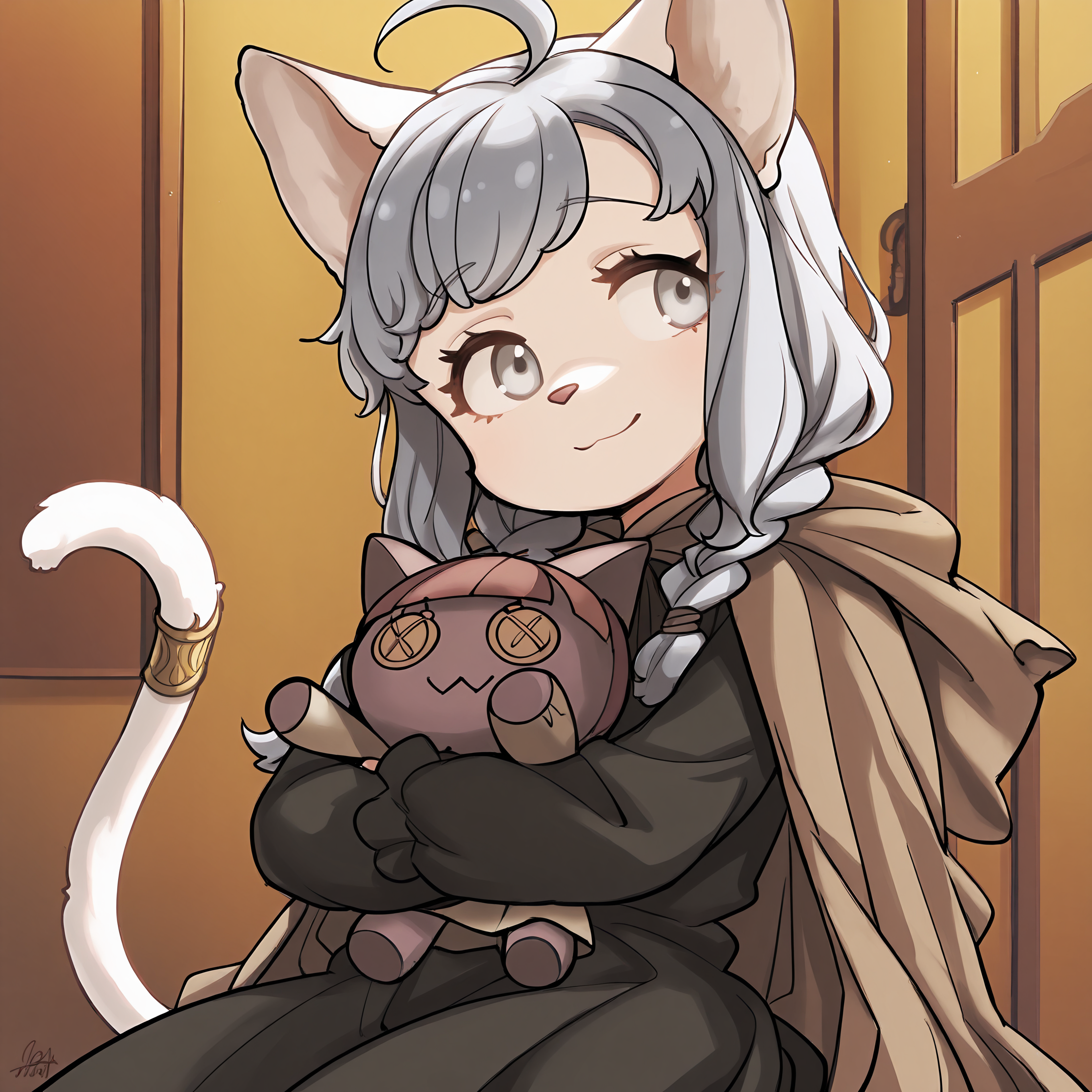 BREAK, <lora:Sheena_Falafel:1>, Sheena Falafel, Fuga: Melodies of Steel, kemono, furry female, young female, 1girl, cat girl, white fur, grey eyes, pastel blue hair, long hair, ahoge, bangs, sidelocks, animal ears, cat ears, animal nose, pink nose, cat tail, tail ornament, braided anklet, Fuga 1 appearance, twin braids,
BREAK, Fuga 1 Outfit, black dress, brown cloak,
BREAK, Bleuette, Bleuette doll, character doll, stuffed cat, holding doll, holding object,
BREAK, solo, face focus, close-up, looking away, soft smile, head tilt,