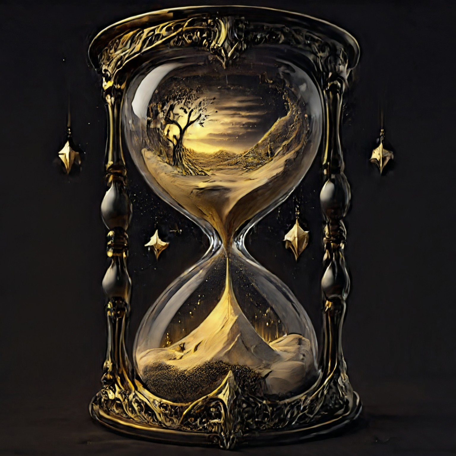 evang,  concept art, black and gold Fantasy world inside of an hourglass, black background
