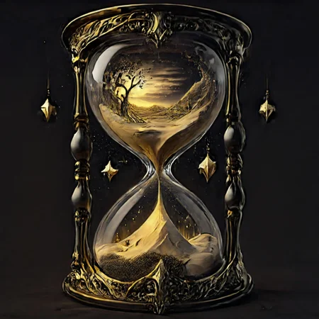 evang, concept art, black and gold Fantasy world inside of an hourglass, black background