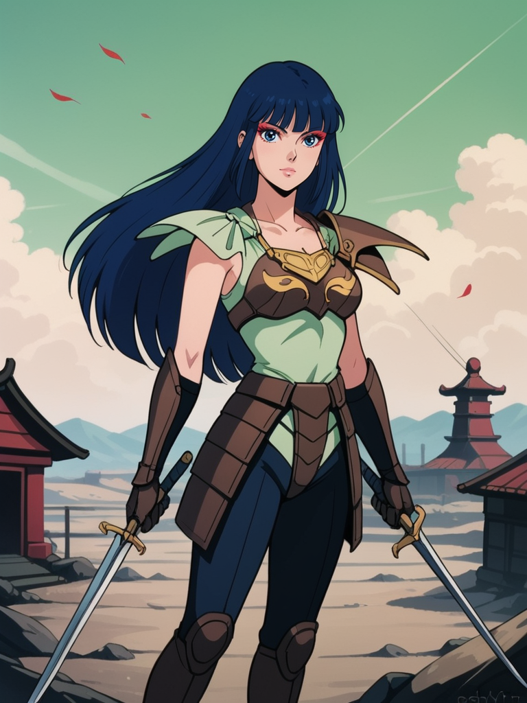 score_9, score_8_up, score_7_up, realistic,  background is green sky, asian temple, wasteland, <lora:Lady_Kayura:.8>,  ladykayura, kayura, ronin warriors, full body, solo, 1girl, retro, blue hair, 1980s (style), bangs, long hair, blue eyes, portrait, makeup, armor, shoulder armor, gloves, swords, japanese, asian, monolid:1.2, dual wielding, knees,