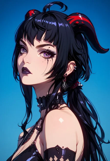 score_9, score_8_up, score_7_up, score_6_up, score_5_up, score_4_up score_9,score_8_up, (anime, masterpiece, intricate:1.3), (best quality, hires textures, high detail:1.2), (4k),(incredibly detailed:1.4), GOthGirlST, Gothic, Goth girl, realistic illustration, partially illuminated, GLSHS, 1girl, ganyu, black hair, long hair, low ponytail, ahoge, horns, earrings, goth makeup, chocker, necklace, sexy goth outfit, serious expression, cosplay, side view, focus from side, looking at viewer, pale skin, nsfw, posing, unique angle,
