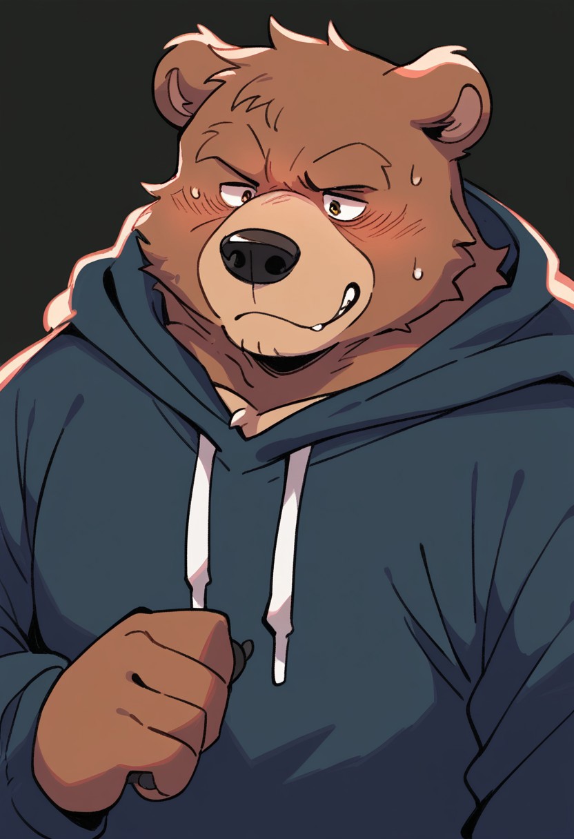 hoggan,furry,anthro,male,bear,brown fur, hooded garment,dark background BREAK score_9_up,score_8_up,score_7_up,score_6_up,score_5_up,score_4_up,normal quality,