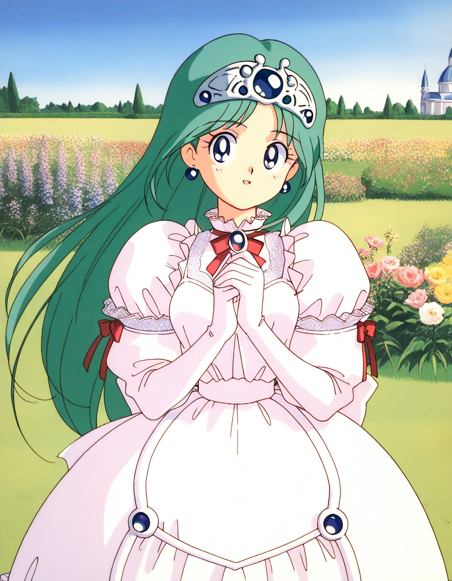 masterpiece, best quality, <lora:Princess_Melora_TwinBee_IS:1>Princess_Melora(TwinBee),1girl,solo, long hair, blue eyes, green hair, 1990s (style), tiara, blue jewelry,
elbow gloves, puffy sleeves, white dress, white gloves, frills, earrings, juliet sleeves, white gloves, red ribbon,
sky, grass, garden, flower,