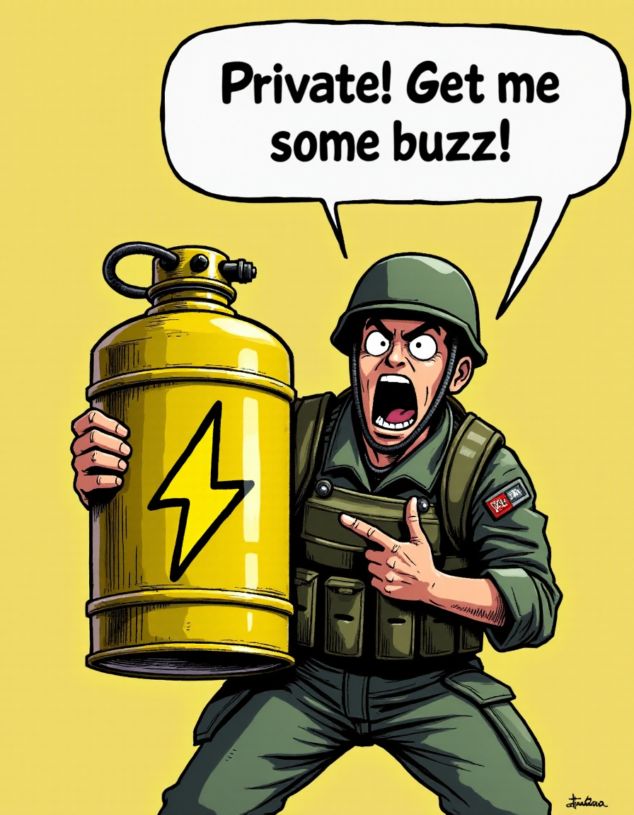 A soldier holds a large yellow canister with a yellow lightning bolt pictogram on top of it. The soldier is yelling and pointing at the viewer with a large speech bubble: "Private! Get me some buzz!"