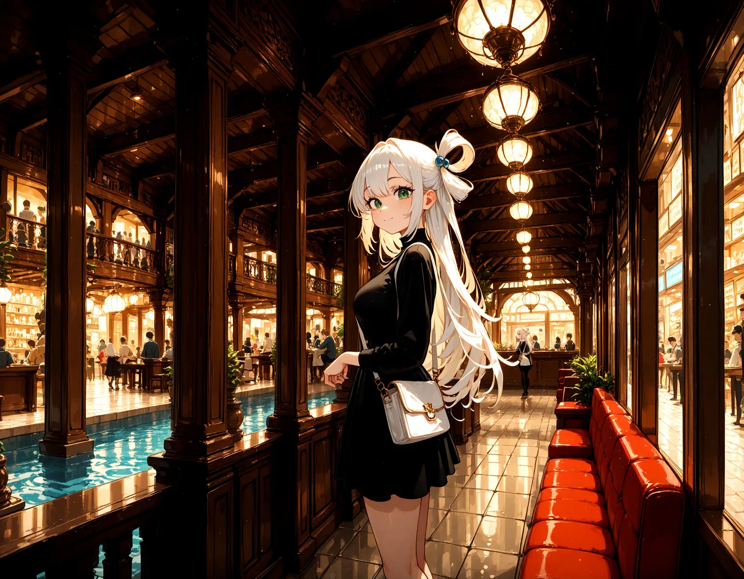 (1girl),solo,
Smooth Quality,Best quality,masterpiece,sharp focus, very aesthetic,perfect anatomy,
(legs out of frame,cowboy Shot,focus girl,close-up girl face:1.2),looking at viewer,single hair ring,medium white hair,emerald green eyes,(happy,fun:1),black one-piece skirt,white puffsleeve,one sling bag BREAK
(The girl is sitting on the sofa in the lobby, waiting for the concierge:1.2),indoor,public,warm light,Spacious interior,small bridge, (stairs:0.5),(connecting corridor),(Tourists,guests\Crowd),counter,Fountain,from side,
Welcome to the divine retreat and commercial complex, where gods themselves would find solace. a sanctuary of luxury.<lora:Serene_Journeys_BG:0.7> , sjbg <lora:Smooth_Lighting_Enhancer:1> <lora:crowd_notrigger:0.5>