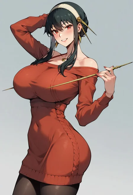 score_9, score_8_up, score_7_up , solo, 1girl, yor briar, spy x family, standing, cowboy shot, looking at viewer, seductive smile, light blush, red sweater, long sweater, black hair, sidelocks, earrings, hair band, black pantyhose, long sleeves, massive breasts, big round ass, thin waist, facing viewer, looking at viewer, standing, seductive smile, teeth, seductive, bedroom background, hip dips