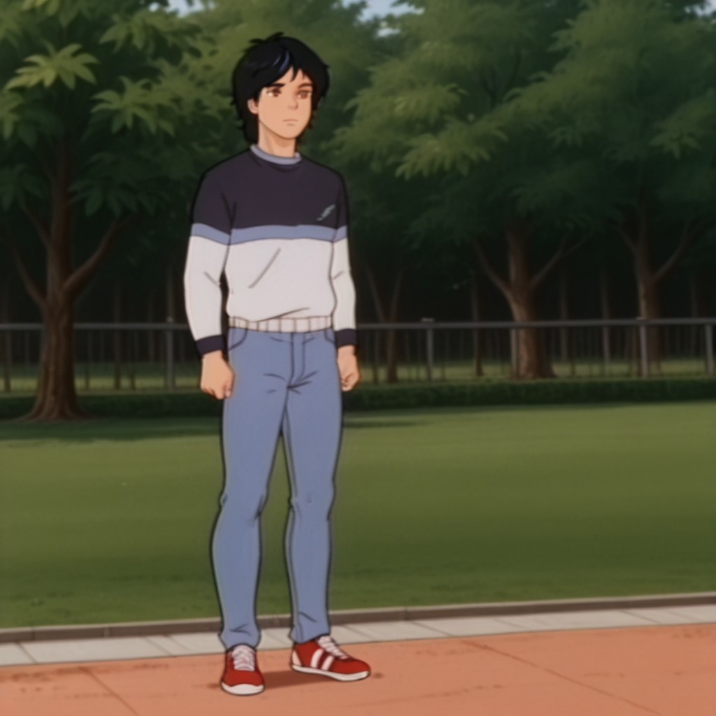 masterpiece, best quality, amazing quality, DavidDsil, human, male, black hair, blue highlight, brown eyes, , striped shirt, long sleeves, blue jeans, red and white shoes, in a park, standing, 1boy, solo,
