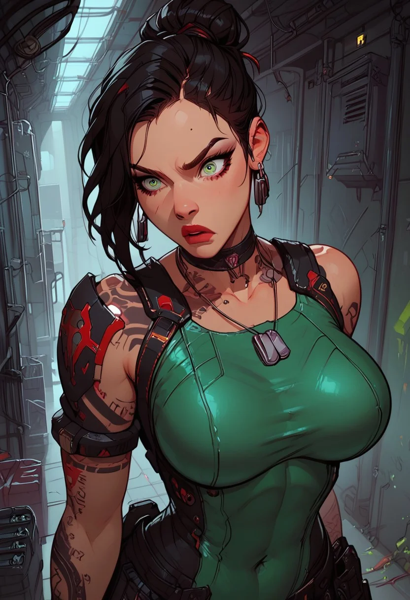 Score_9, Score8_up, Score_7_up, (((High Resolution, Best Quality))),
1girl, solo, toned arms, sleeveless, Covered in Tattoos, neck tattoos, hair tied up, black hair, green stripe in hair,
futuristic, futuristic armor, neon green lights on bodysuit, armored suit, body armor, armor, plated armor, revealing bodysuit, tight bodysuit, tactical, military gear, toxic canisters, toxic chemicals, poision vials,
large breasts, choker, dog tags, ear piece,
shocked, annoyed, surprised,
running down a hallway, alarms going off, flashing alarm lights, red alarms, red alert, flashing lights,
inside, Military, military base, military barracks, cots, crates, military boxes, guns, bullets, supplies, armory,