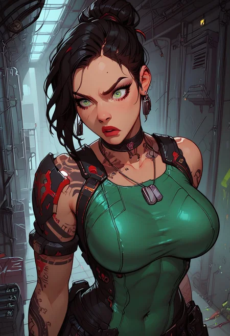 Score_9, Score8_up, Score_7_up, (((High Resolution, Best Quality))), 
1girl, solo, toned arms, sleeveless, Covered in Tattoos, neck tattoos, hair tied up, black hair, green stripe in hair,
futuristic, futuristic armor, neon green lights on bodysuit, armored suit, body armor, armor, plated armor, revealing bodysuit, tight bodysuit, tactical, military gear, toxic canisters, toxic chemicals, poision vials, 
large breasts, choker, dog tags, ear piece, 
shocked, annoyed, surprised, 
running down a hallway, alarms going off, flashing alarm lights, red alarms, red alert, flashing lights,
inside, Military, military base, military barracks, cots, crates, military boxes, guns, bullets, supplies, armory,