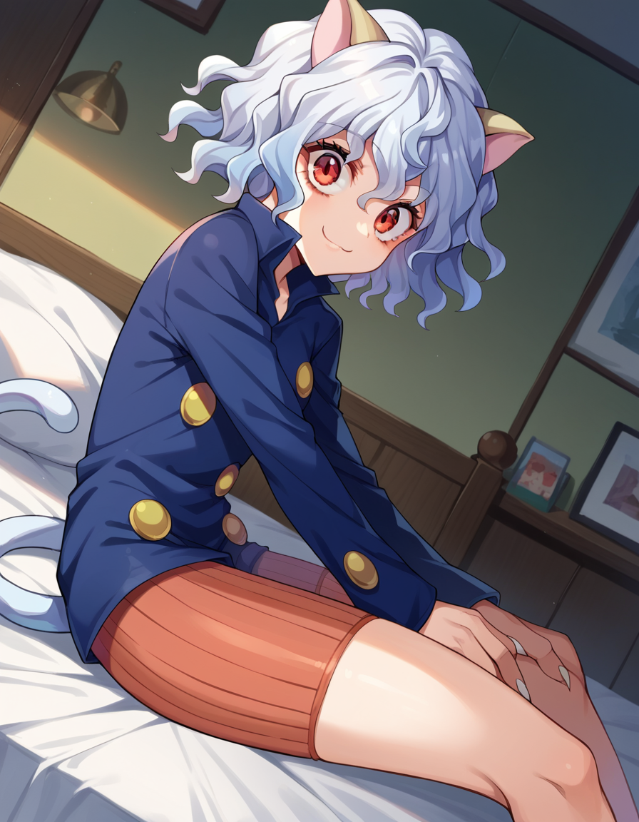score_9, score_8_up, score_7_up, source_anime,
neferpitou, <lora:neferpitou-ponyxl-lora-nochekaiser:1>,
neferpitou, short hair, red eyes, animal ears, tail, white hair, cat ears, cat tail, curly hair, smile,
long sleeves, shorts,
indoors, bed, bed room, on side,
looking at viewer, dutch angle, cowboy shot,