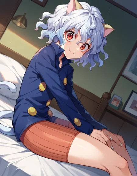 score_9, score_8_up, score_7_up, source_anime,
neferpitou, <lora:neferpitou-ponyxl-lora-nochekaiser:1>,
neferpitou, short hair, red eyes, animal ears, tail, white hair, cat ears, cat tail, curly hair, smile,
long sleeves, shorts,
indoors, bed, bed room, on side,
looking at viewer, dutch angle, cowboy shot,