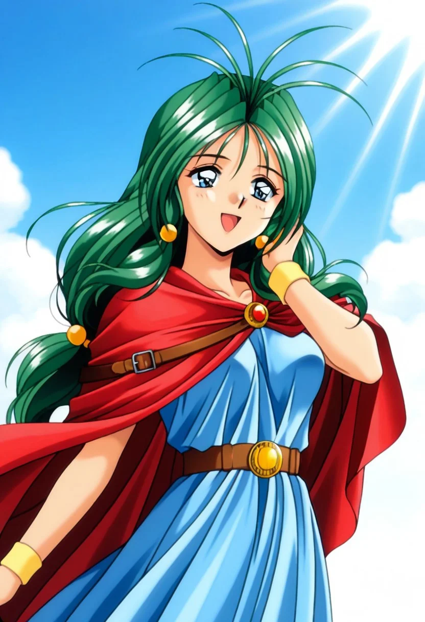 masterpiece, best quality, amazing quality, very aesthetic, high resolution, 1girl, cowboy shot, anime-style, digital art, high resolution, cute girl, smiling, sunlight, bright, clear sky, blue sky, clouds, daytime, outdoor, wind blowing her hair, dynamic pose, cheerful mood, light reflections, detailed background, high quality, beautiful, attractive, light rays, bright lighting, sky, joyful, happy, energetic, bright atmosphere, detailed shading, anime aesthetics, vibrant, lively, braid, jewelry, belt, cape, blue dress, wristband, retro artstyle, 1990s \(style\),
clairemm, blue eyes, green hair, antenna hair, long hair, low-tied long hair, hair bobbles, medium breasts, mature female,