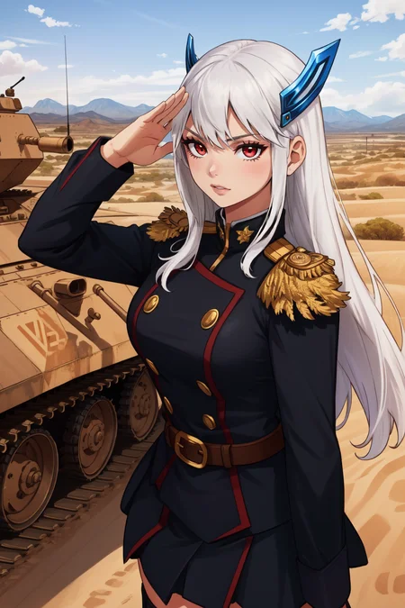 (masterpiece, best quality),  intricate details,
1girl,    <lora:CHAR-KyoukaUzenV2:0.8> KyoukaUzen, white hair, red eyes, hair ornament,
 military uniform, epaulettes, belt, pleated skirt, black skirt, thigh boots, 
salute, outdoors, desert, military, tanks, military vehicles, combat zone,  military base,
