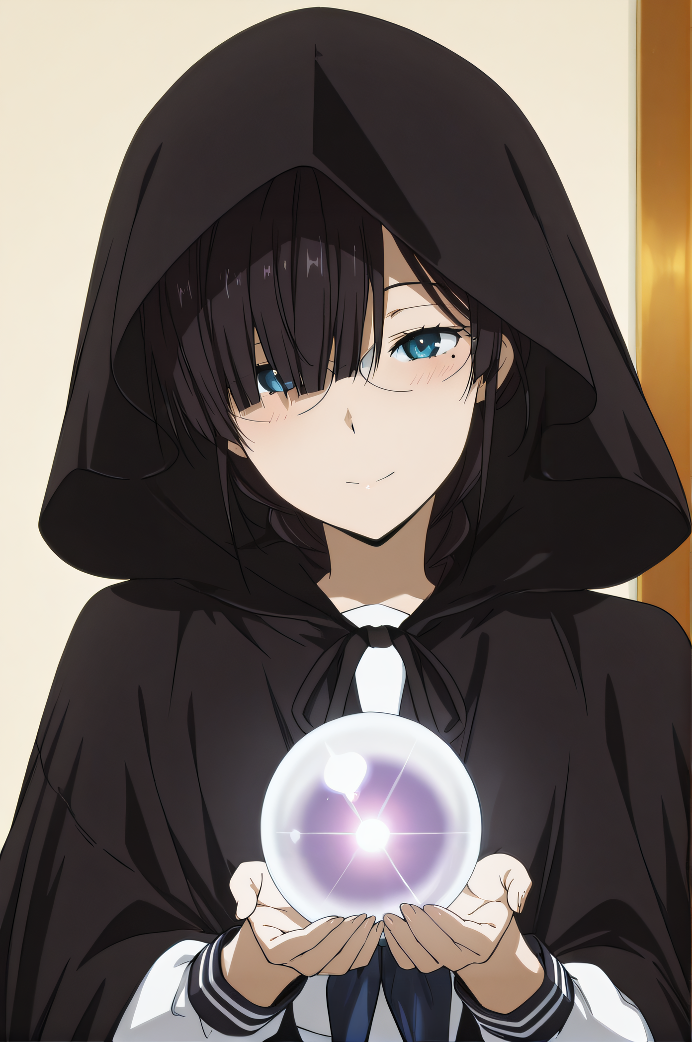 masterpiece, best quality, highres, newest, 1girl, solo, official style, anime screencap, <lora:IL_Juumonji_Kaho_v2:1>, kaho, black hair, blue eyes, braid, glasses, sidelocks, bangs, hair over one eye, mole under eye, serafuku, black cloak, hood, looking at viewer, upper body, smile, five fingers, expressionless, holding a crystal ball with both hands, blush, tilt head
