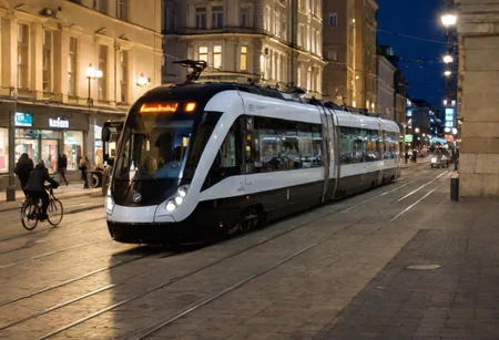 Raw photo,( shallow depth of image:1.2), (minimalistic:1.4), outdoors, wide shot of the downtown of Helsinki, tram, bike riders, night, black bullet train, 38 mm photograph, professional, FOV, HDR, natural lighting, motion blur, lowfi, KodakPhotoMaybe, photo in phst artstyle