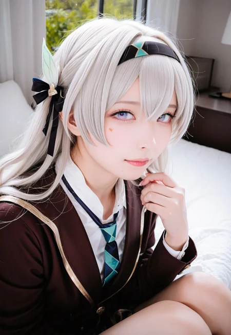 4K photo, (very awa, masterpiece, best quality, highres, absurdres, realistic, photorealistic), photo, professional photography, skin texture, portrait, close-up, 1girl, solo, japanese, firefly \(honkai: star rail\), white hair, long hair, from the side, looking at viewer, school uniform, necktie, hotel, bed, sitting, scenery