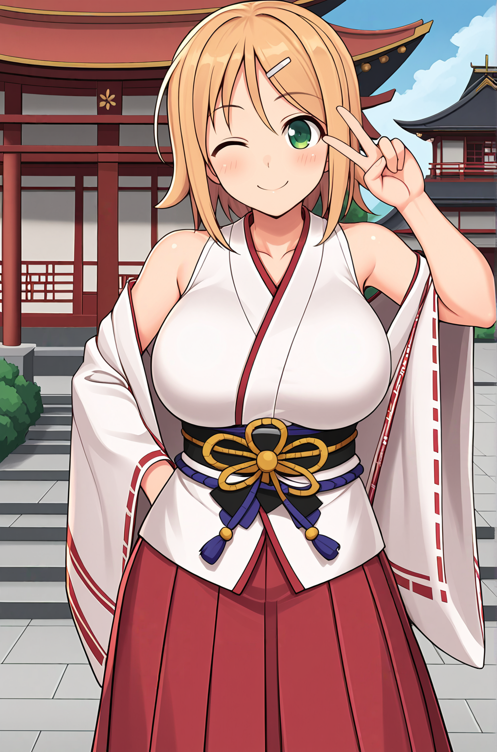 anime artwork, score_9, score_8_up, score_7_up, source_anime, BREAK, thick outline, fat outline,
Hanabi_XL, green eyes, short blonde hair, hairclip, large breasts, BREAK, Hanabi_Shrine, shrine clothes, japanese clothes, miko clothes, white kimono up, bare shoulders, sleeveless, obi, sash, hakama skirt, red skirt, BREAK, outdoors, city, v sign, one eye closed,
<lora:Hanabi_XL:0.7>
<lora:PersonalAmi_PonyXL:0.5>