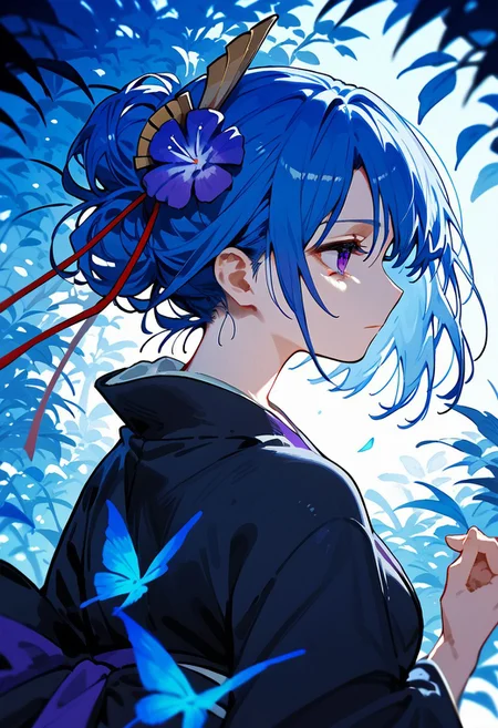 score_9, score_8_up, score_7_up, HENRIETTE MYSTERE,
1girl, solo, hair ornament, blue hair, purple eyes, flower, japanese clothes, hair flower, kimono, profile, black kimono