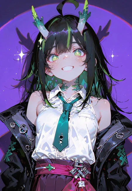 looking at viewer,bust shot

Big smile,

1 girl,petite,loose unruly messy hair,messy bangs,black hair,green accents hair,fair skin,dragon horns,green eyes, sparkling eyes,freckles,ahoge

Large Black coat with green accent,coat hanging sleeves,white sleeveless buttoned shirt tucked in,green tie, exposed shoulder

Color background, bright purple background,shadow, light from front,glimmer, scales design, sparkling,spotlight,anaglyph effect

Cunnystyle,748cmstyle,Smooth_Quality,masterpiece,best quality,amazing quality, aesthetic,bright colors,bold lines