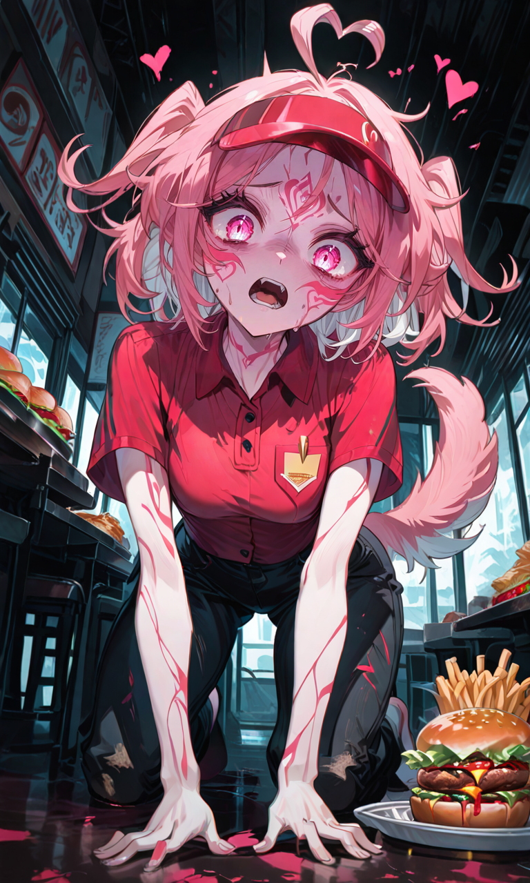 masterpiece,best quality,absurdres,very aesthetic,very awa,highres,newest,year 2024,year 2023,<lora:NLSTN-IL_1412568:1>,nlstn,glowing,dark,<lora:illustrious_quality_modifiers_masterpieces_v1_956369:0.7>,<lora:ponyv4_noob1_2_adamW-000017:0.7>,<lora:spo_sdxl_10ep_4k-data_lora_webui:0.6>,<lora:add-detail-xl:0.9>,<lora:KonyaKarasue-000008:0.4>,<lora:Isha_Illus_XL_1131795:0.6>,ishaILXL,heart ahoge,pink eyes,skinny,multicolored hair,white hair,pink hair,24 yo,24 year old girl,white eyelashes,dynamic background,detailed,womb tattoo,dynamic_angle,flat chest,looking at viewer,facial mark,
highres,hi res,best quality,masterpiece,anime coloring,1girl,(dog tail:1.1),large breasts,thick thighs,narrow waist,McUniform,employee uniform,polo shirt,red shirt,visor cap,black pants,scared,funny,dutch angle,naughty pose,looking at viewer,restaurant,solo,(all fours on floor:1.2),from below,tray with food on floor,dirty floor with food,burger,french fries,looking down,sad,open mouth,portrait,dynamic pose,cowboy shot,head tilt,